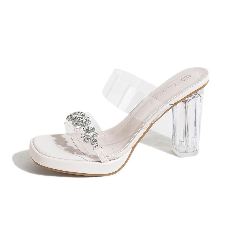Summer One-Word With High-Heeled Slippers Waterproof Table Crystal Thick Heel Medium Heel Small Size Transparent Sandals Women