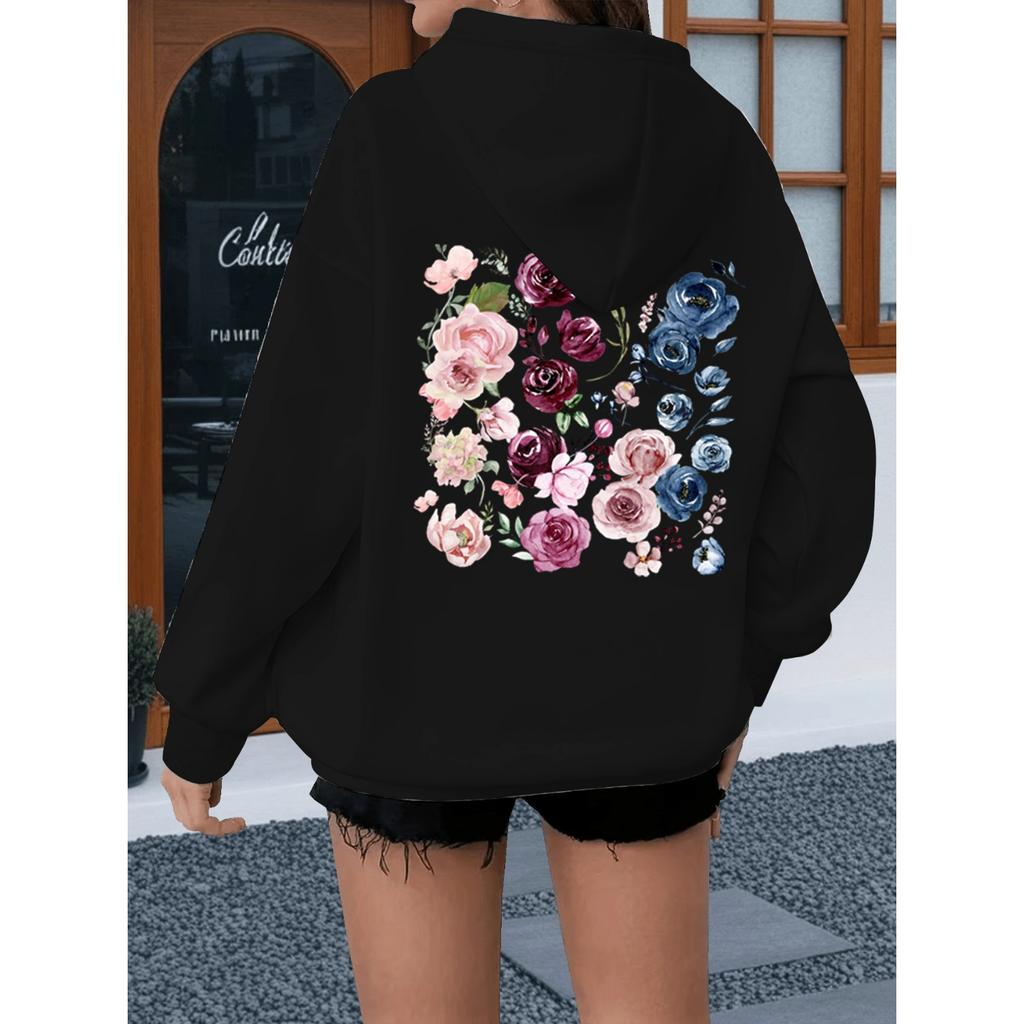 Watercolor Rose Print Women Hoody Vintage Loose Bohemia Wildflower Sweatshirt Long Sleeve Boho Plant Theme Female Hoodies
