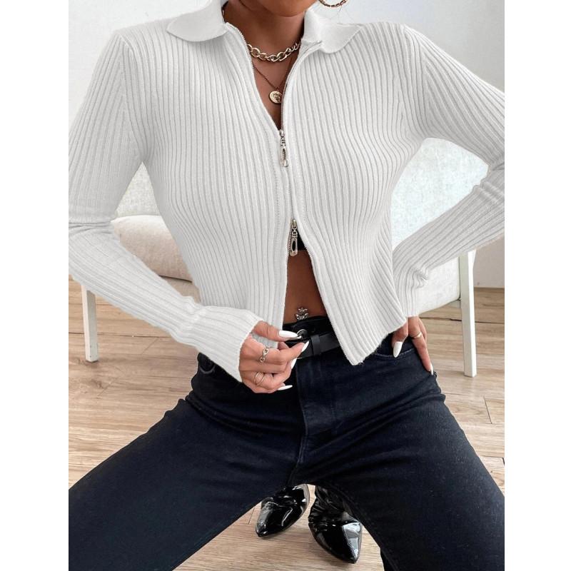 Dvojitý zip Žebrovaný pletený cardigan Dámský Crop Cardigan Přiléhavý sexy klopa Podzimní zimní svetr s dlouhým rukávem