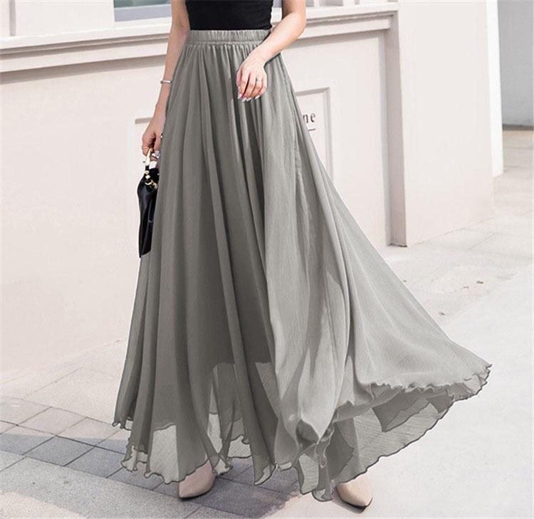 Women's European & American Chiffon High Waist Long Skirt - Solid Color, Spring/Summer Collection.
