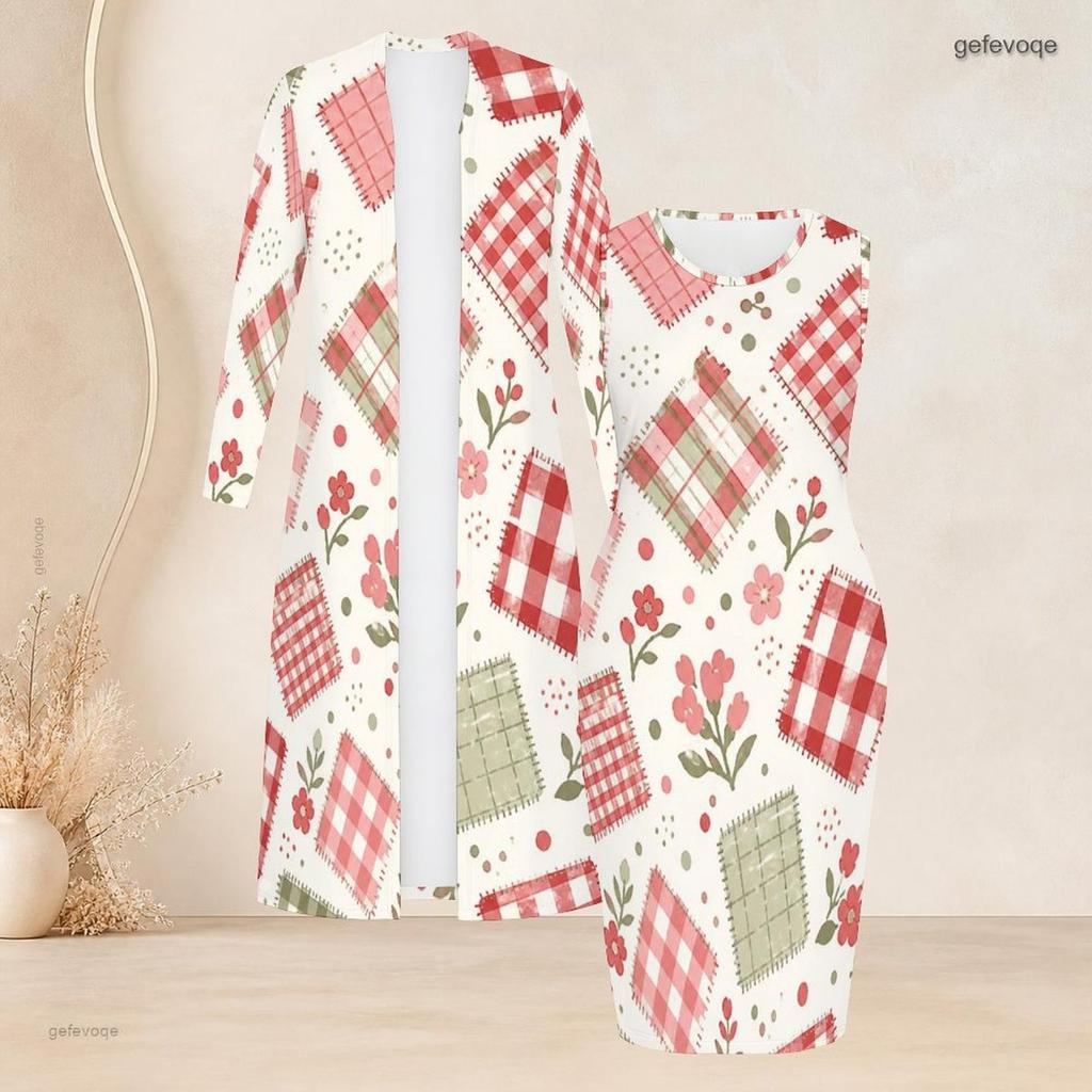 Women Plus Size Geometric Printed Two Piece Set Long Sleeve Open Front Cardigan Sleeveless Bodycon Dress