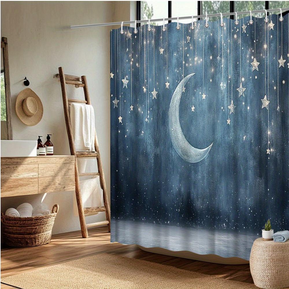 Night Sky Shower Curtain - Crescent Moon & Twinkling Stars, Blue & Grey Polyester, Fade-Resistant, Starry Bathroom Decor
