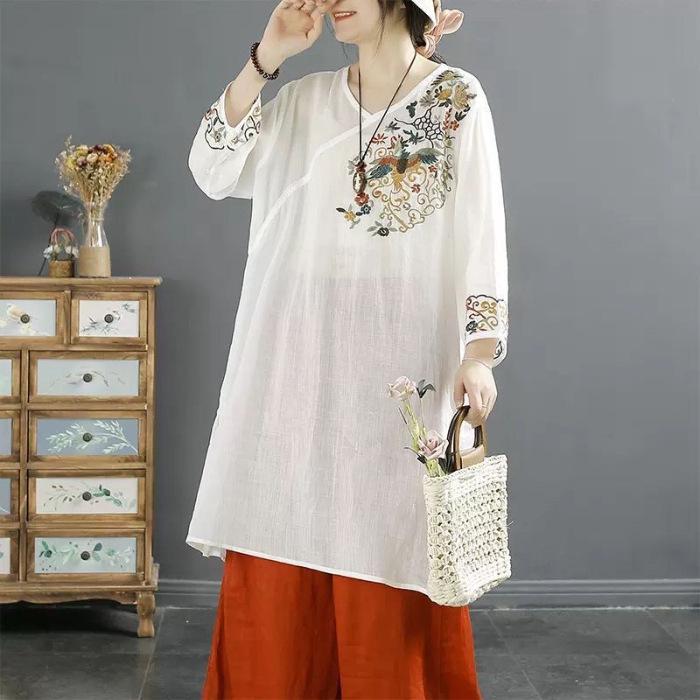 

Винтажное этническое платье с V-образным вырезом, вышивкой, средней длины, свободного кроя, из китайского хлопка и льна - Белое XL 110-125 lbs белый