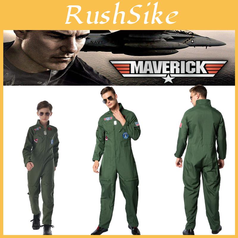 Top Gun pilots tērps Halloweena kostīms bērniem un pieaugušajiem Maverick Cosplay tērps ar saulesbrillēm un vārda zīmi