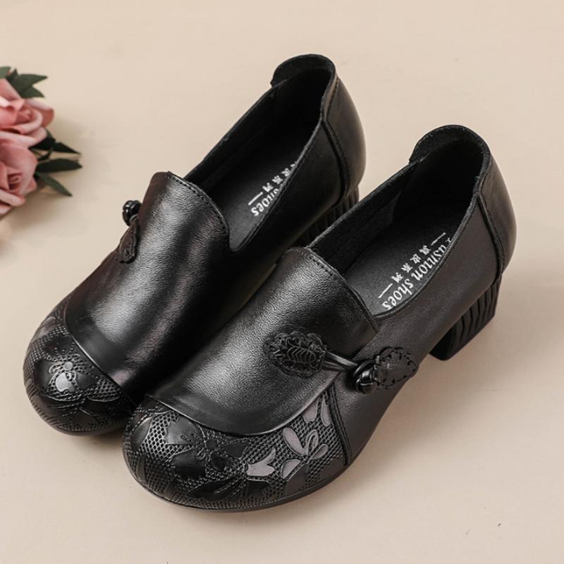 Women's Thick-heeled Leather Shoes, Retro Ethnic Style Handmade Women's Shoes, Medium and High Heels, Middle-aged Shoes
