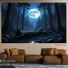 2D Full Moon Forest Banner, Dark Blue Night Woods with Fallen Tree