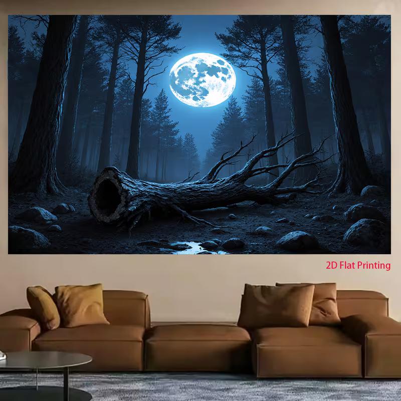 2D Full Moon Forest Banner, Dark Blue Night Woods with Fallen Tree