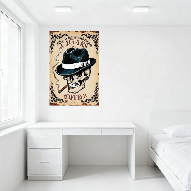 Vintage Life Is Better with Cigars & Coffee Skull Fedora Tin Sign Retro Gothic Gangster Home Wall Decor for Bar Man Cave Cafe