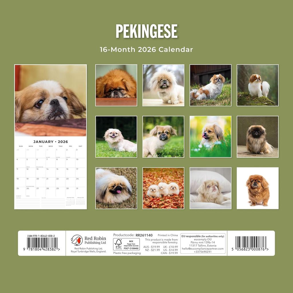 Red Robin 2026 Pekingese Monthly Wall Calendar | 12" x 24" Open | Premium Thick & Sturdy Paper | Hangable 12 Month Calendar | Lined Notes & To Do
