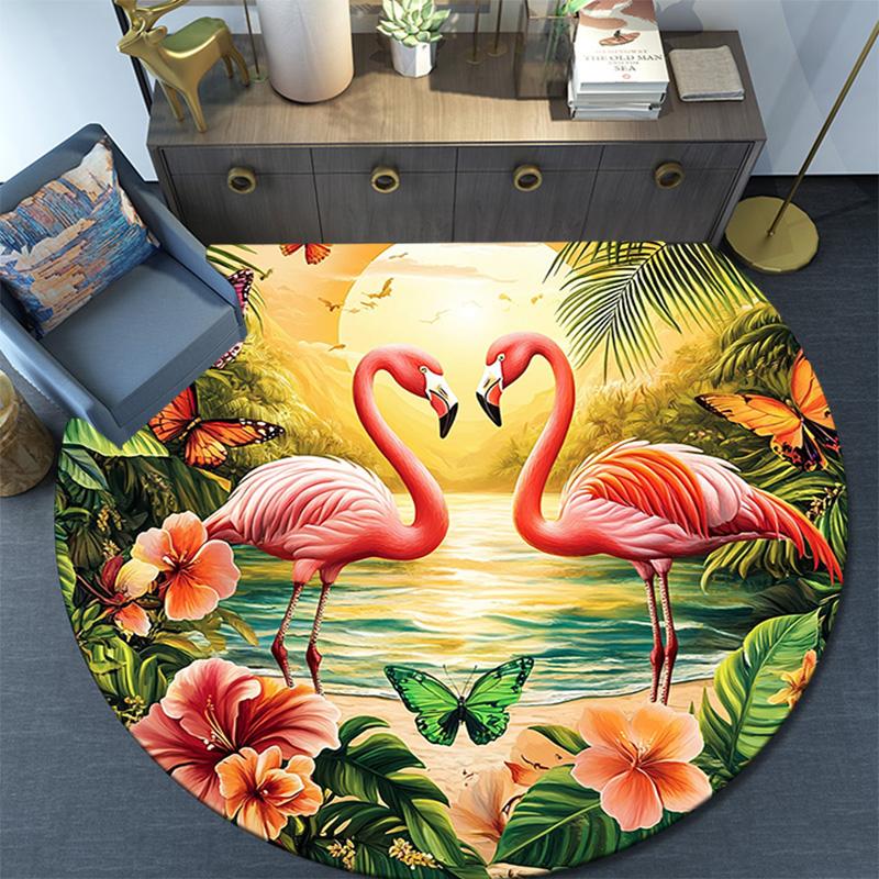 Flamingos Sunset Beach Round Area Rug,Carpet Rug for Living Room Bedroom Sofa Playroom Decor,Non-slip Floor Mat