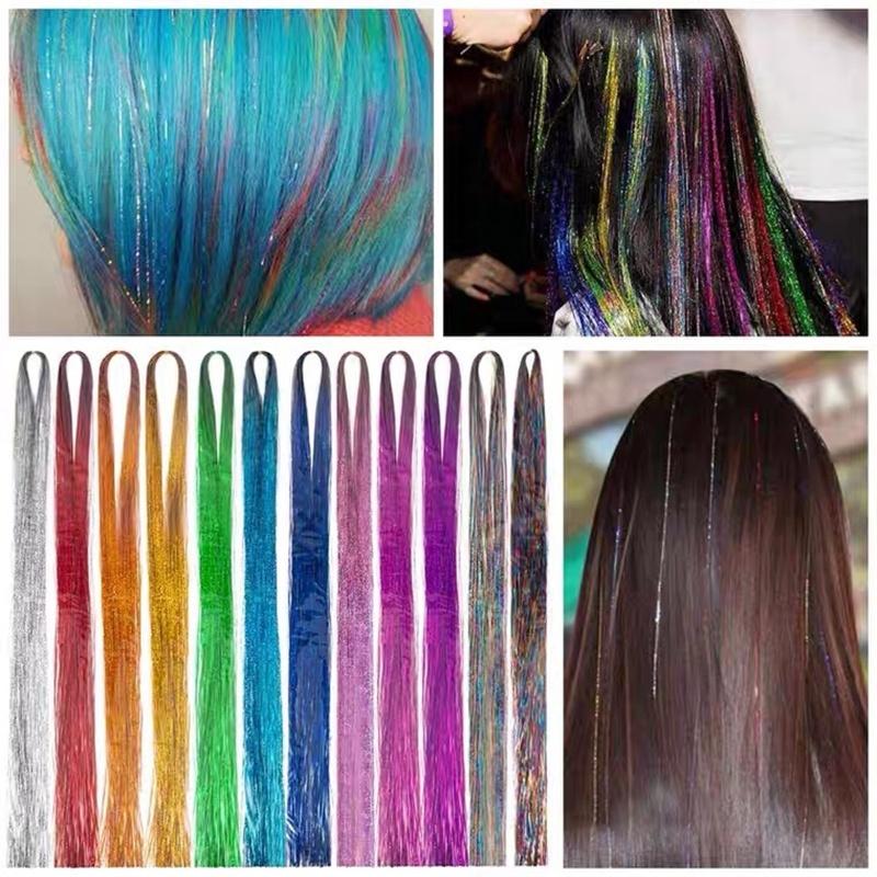 47 Inches Hair Extension Tinsel Kit With Tool 12 Mixed Colors 2400 Strands Hair Extension Tinsel Kit Glitter Hair Extensions For