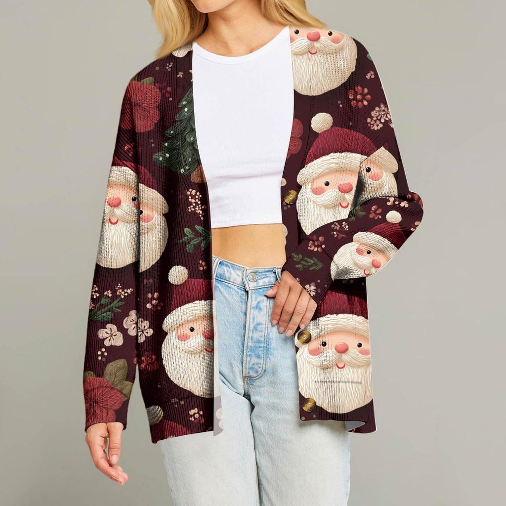 Women's Fashion Long Sleeve Christmas Print V-Neck Button Loose Cardigan Top