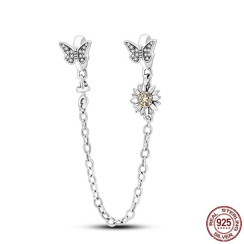 Real 925 Silver Stars & Moon Sunflower Safety Chains Spacer Beads Charms Fit Qikaola 925 Bracelets DIY Jewelry