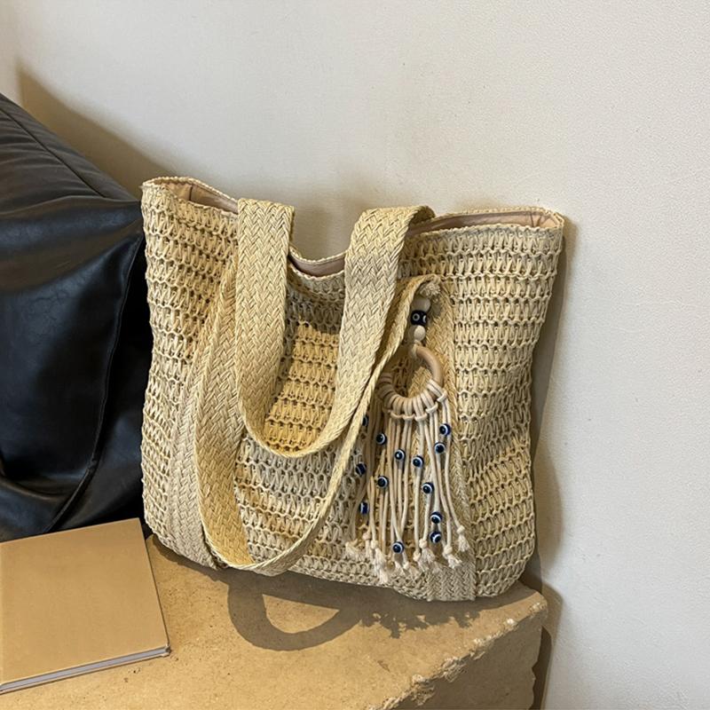 Summer Luxury Straw Woven Tote Bag Large Capacity Casual Tassel Handbag Fashion Beach Travel Shoulder Bag for Women