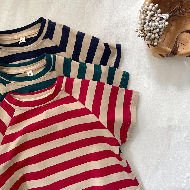 Children's Summer Clothing Korean Loose Striped Short Sleeved T-shirt Boys and Girls Stylish Versatile Top