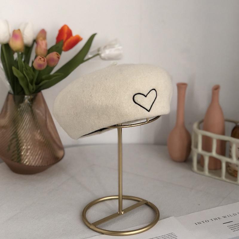 Love Embroidered Tweed Beret Hat Female Autumn And Winter Korean Version Retro Painter Hat