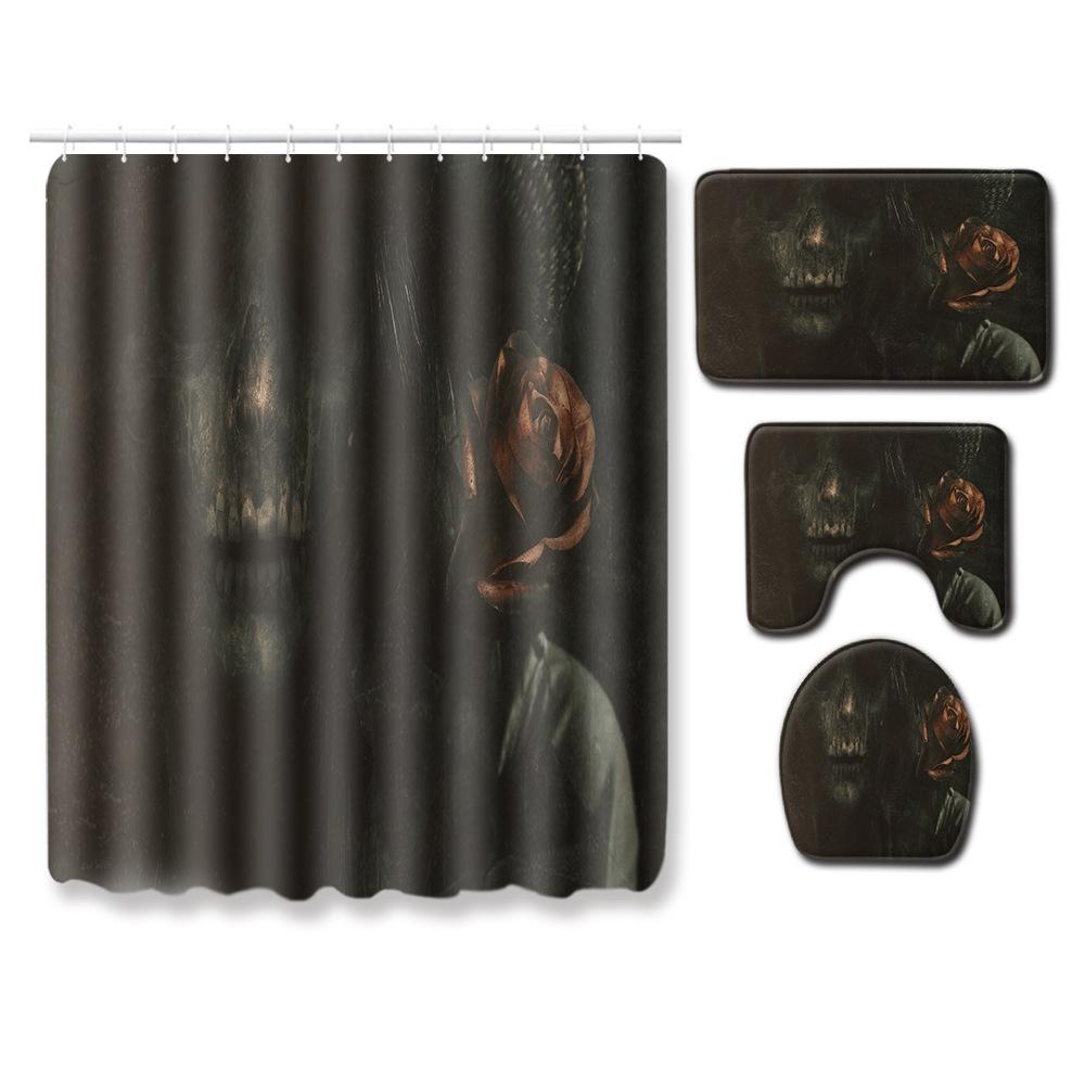 Skull Shower Curtain Floor Mat Combination Four-Piece Set Bathroom Toilet Carpet Shower Room Mat Foot Mat