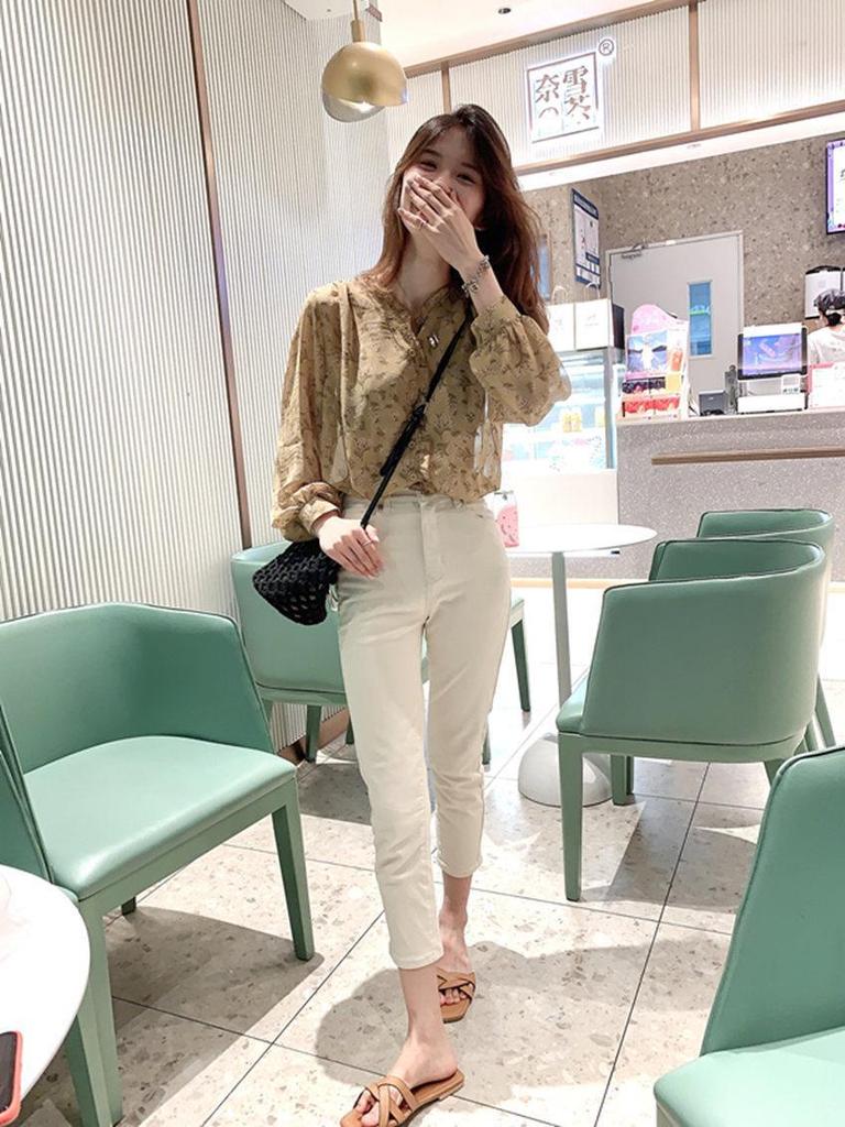 Spring/Autumn 2025 Korean Floral Chiffon Bubble Sleeve Blouse - Women's Long Sleeve Elegant Top