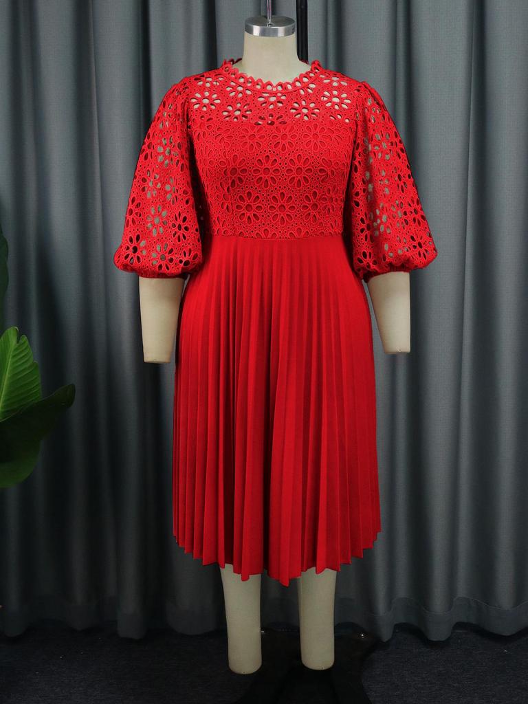 Plus Size Lace Lantern Sleeve Dress with Pleated Skirt - Christmas Gift