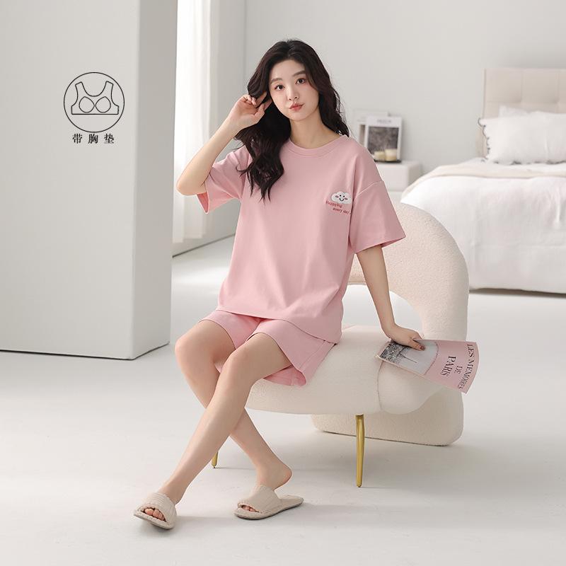 1011 new pajamas with chest pads women's summer pure cotton thin short-sleeved shorts cotton cartoon loungewear