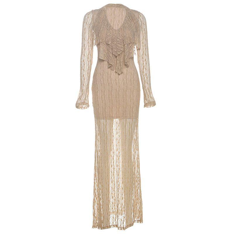 

2025 Autumn New French Style High-End V-Neck Waist-Cinching Lace Elegant Fashion Slim Long Dress Long Sleeve Dress for Women Khaki S