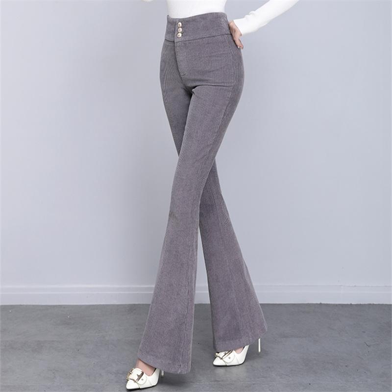 Podzim Zima Móda Korejský Korejský styl Manšestrové Zvonové Kalhoty Dámské Elegantní Knoflíkové Provedení Elastický Vysoký Pas Skinny Kalhoty