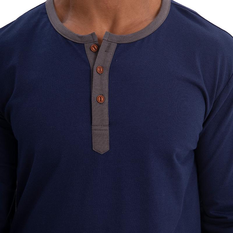 Men's Henley-style round-neck long-sleeved T-shirt Men's loose-fitting sports top