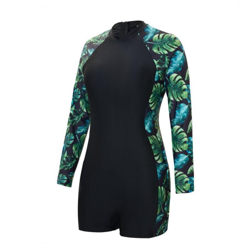 Body Shaping Long-sleeved Printed Round-neck Diving Suit One-piece Boxer Women's Sports Swimsuit