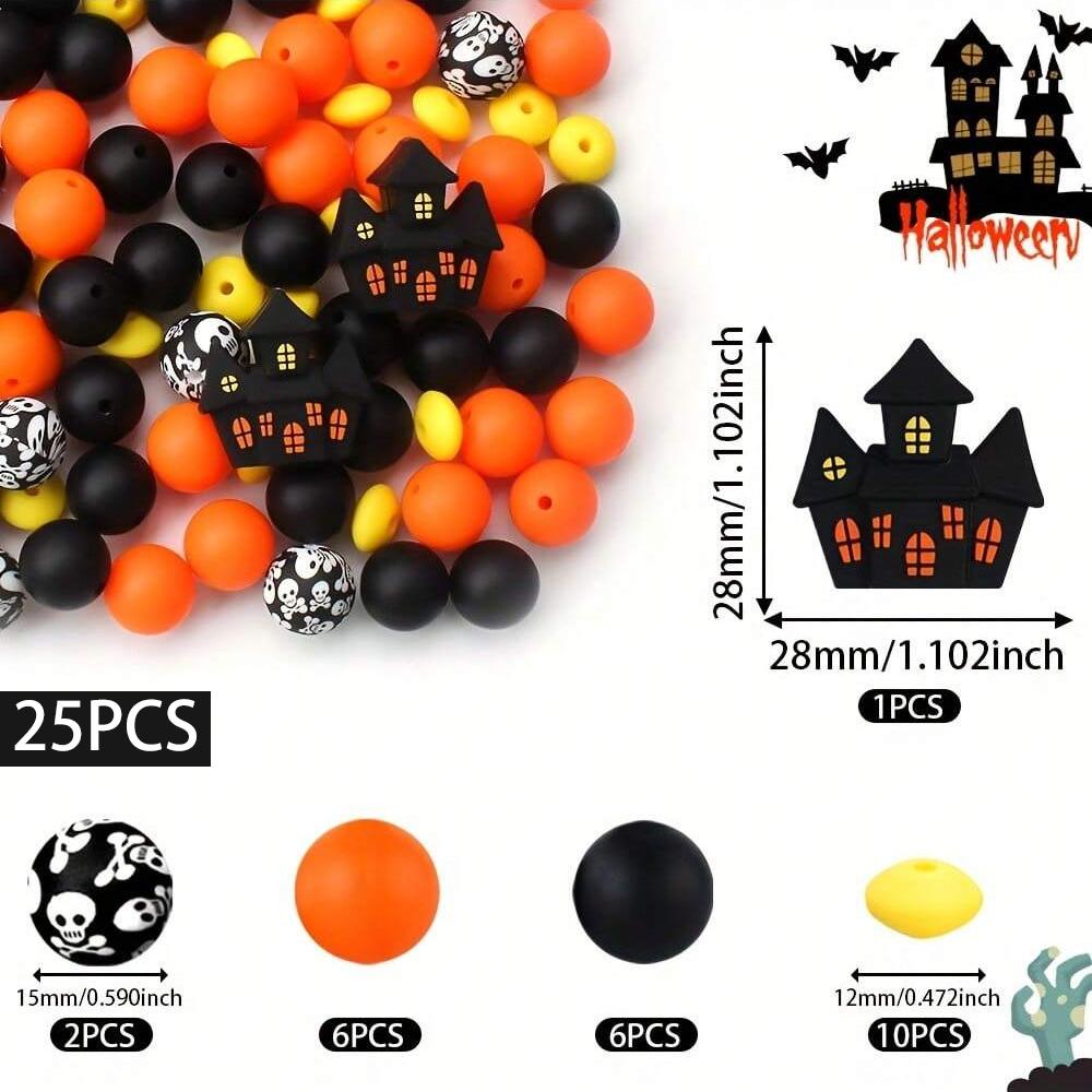 25PCS Multi-Size Halloween-Themed Silicone Beads Set, Perfect for DIY Craft Projects Like Keychains, Necklaces, Bracelets & More