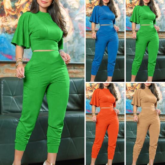 

1 комплект, повседневный женский наряд, комплект из двух предметов с расклешенными рукавами и высокой талией, элегантный однотонный топ, длинный брючный костюм