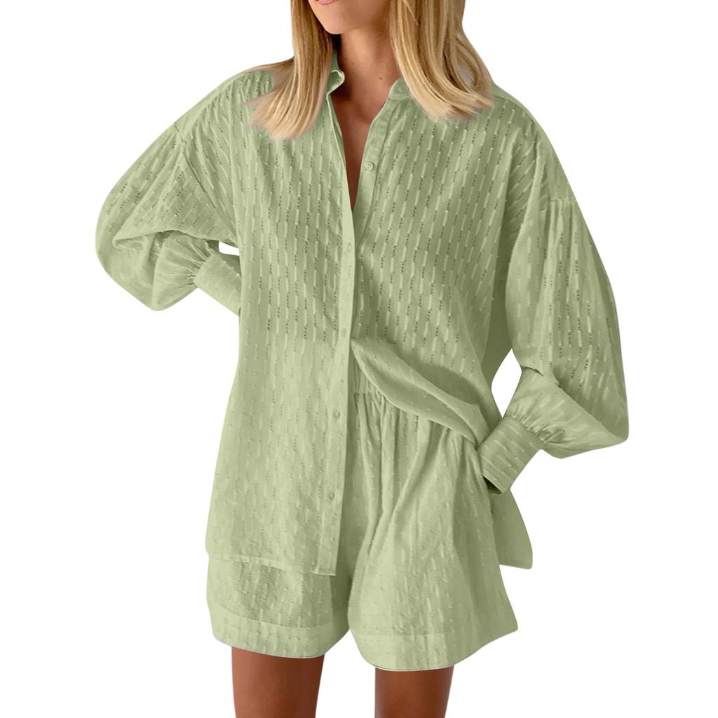 Casual Fashion Solid Color Women's Shirts Puff Sleeves Elegant Tops Shorts Casual Suit