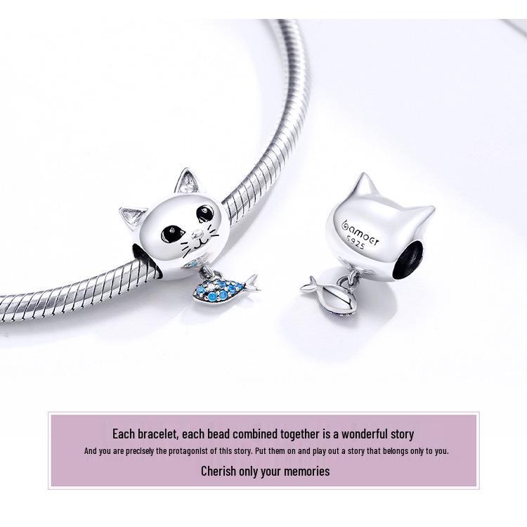 Yinziyun S925 Silver Cat & Fish Beads with Oil Drop Design - Cute DIY Jewelry Accessories (BSC226)