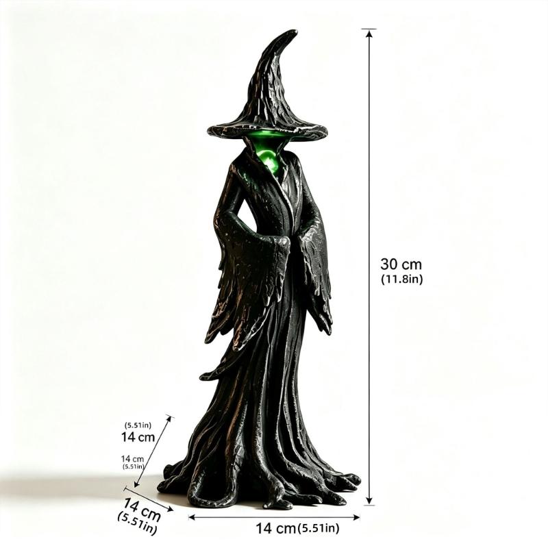 Resin Witch Statues and Figurines Halloween Hooded Character Statue with Integrated Lighting, Hand-Detailed Dark Body and Flowing Robe for Shelf,