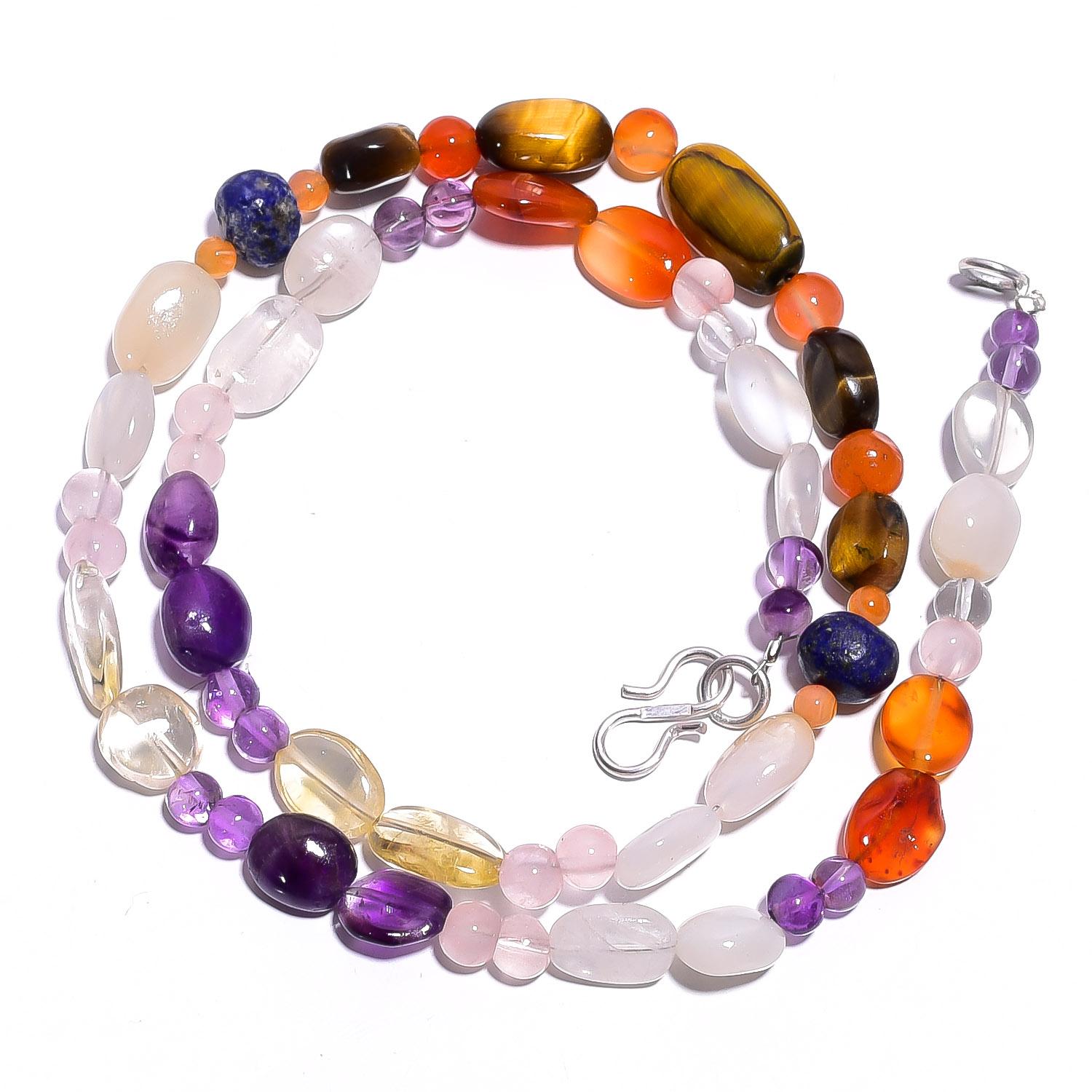 

Natural Tiger Eye Amethyst Moonstone Gemstone Smooth Beads Necklace 17 UB-4501 UB-4501