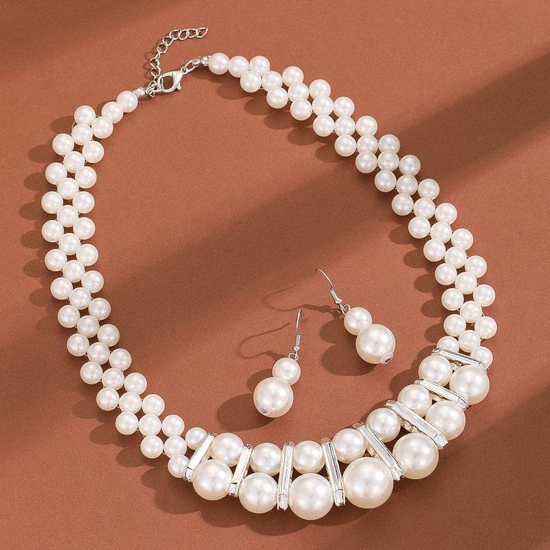 Trendy Retro Double Layer Large Pearl Crystal Rhinestone Necklace Earrings Set Silver Geometric Style Religious Women Wedding