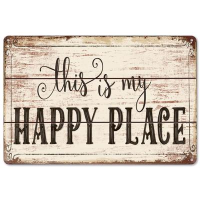 Rustik metallskylt "This Is My Happy Place" - Design med träplatta, Hållbar väggdekoration för inomhus/utomhus för trädgård, uteplats,
