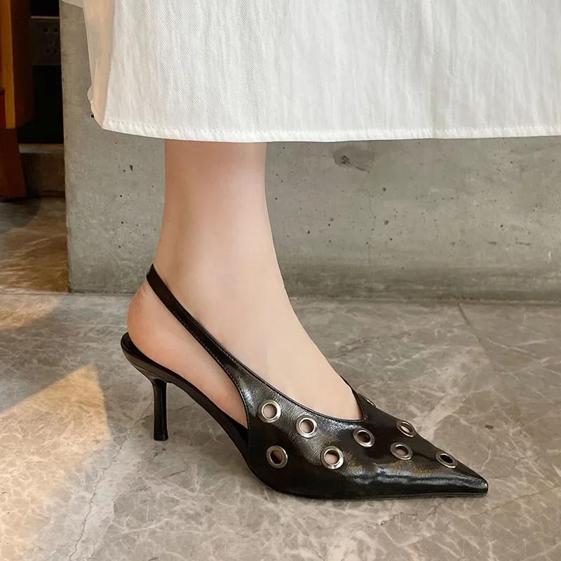 Fashion Elegant Pointed Toe Back Strap High Heels Women Fashion Metal Decoration Brand Designer Shoes Comfortable Shallow Dress Shoes