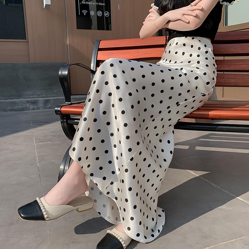 Satin Polka Dot Mermaid Skirt - Flowy Bodycon Midaxi High Waist Flattering Skirt for Women