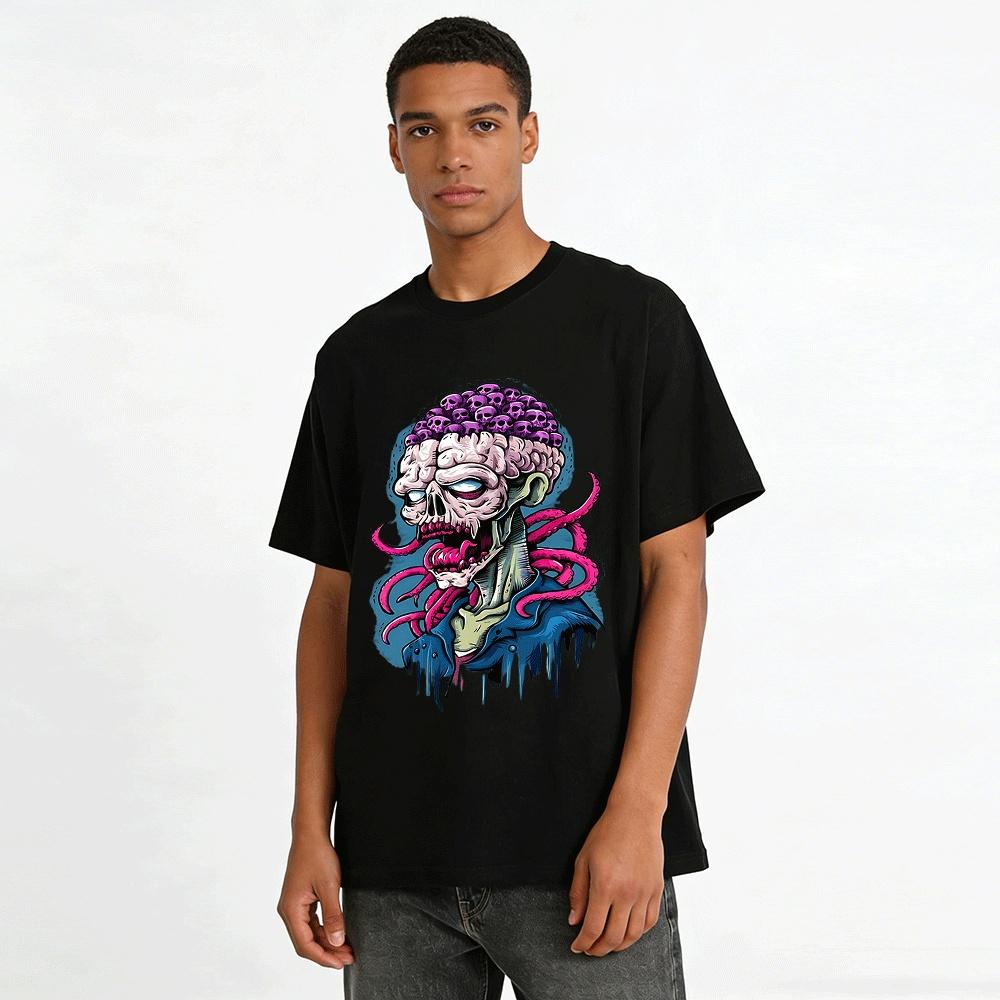 Cthulhu Style Exposed Brain Octopus Tentacle Skull Print Tee Pure cotton T-shirt