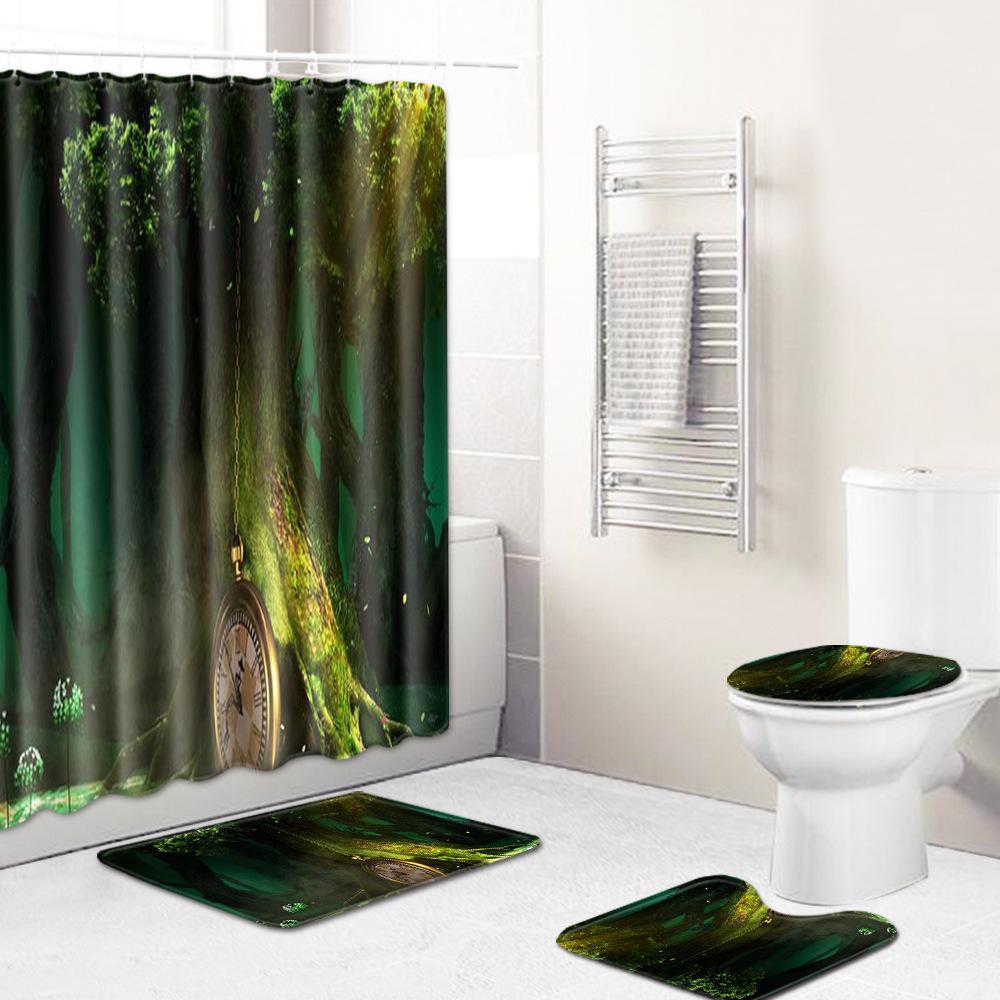 Healing Tree Hole Bathroom Shower Curtain Floor Mat Toilet Cover Foot Mat Four-Piece Pattern Size