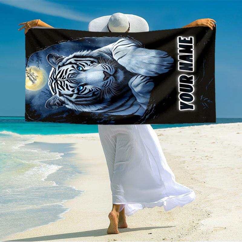 1PC Custom Name Tiger Moonlit Majesty Beach Towel Highly Absorbent And Sand-Resistant Towel for Swimming, Pool, Yoga, And Travel Lightweight