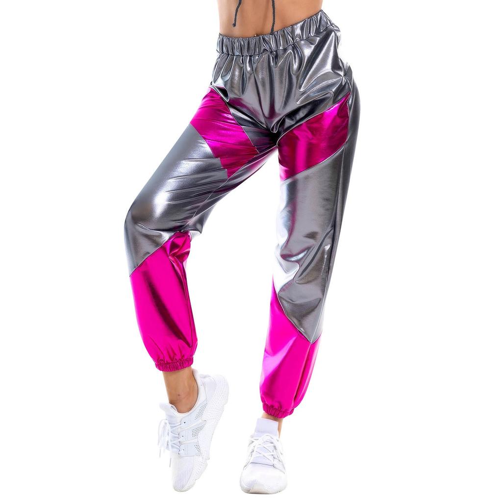 Kadın Parlak Pantolon Elastik Spor Pantolon Bol Eğlence Rahat Uzun Pantolon Eşofman Altı Koşu Altları Streç Tayt Parti Disko Clubwear