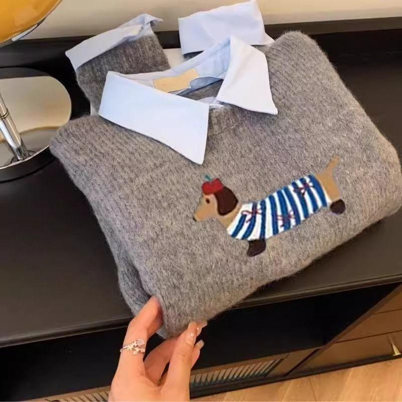 Autumn and winter wear contrasting color long-sleeved sweater top female cartoon dachshund gray fake two-piece shirt collar knitted sweater female