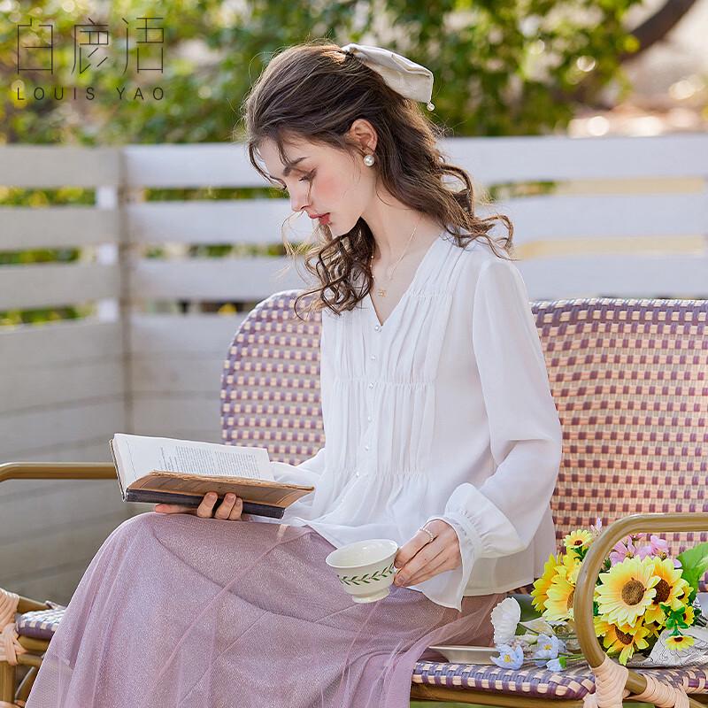 Bailuyu V-Neck Pearl Button Long-Sleeve Blouse S