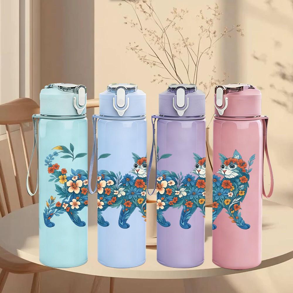 1PC Blue Floral Cat Cartoon 750ml Color Plastic Sports Water Bottle Leakproof Flip Straw Lid Suitable for Sports Office Home Use