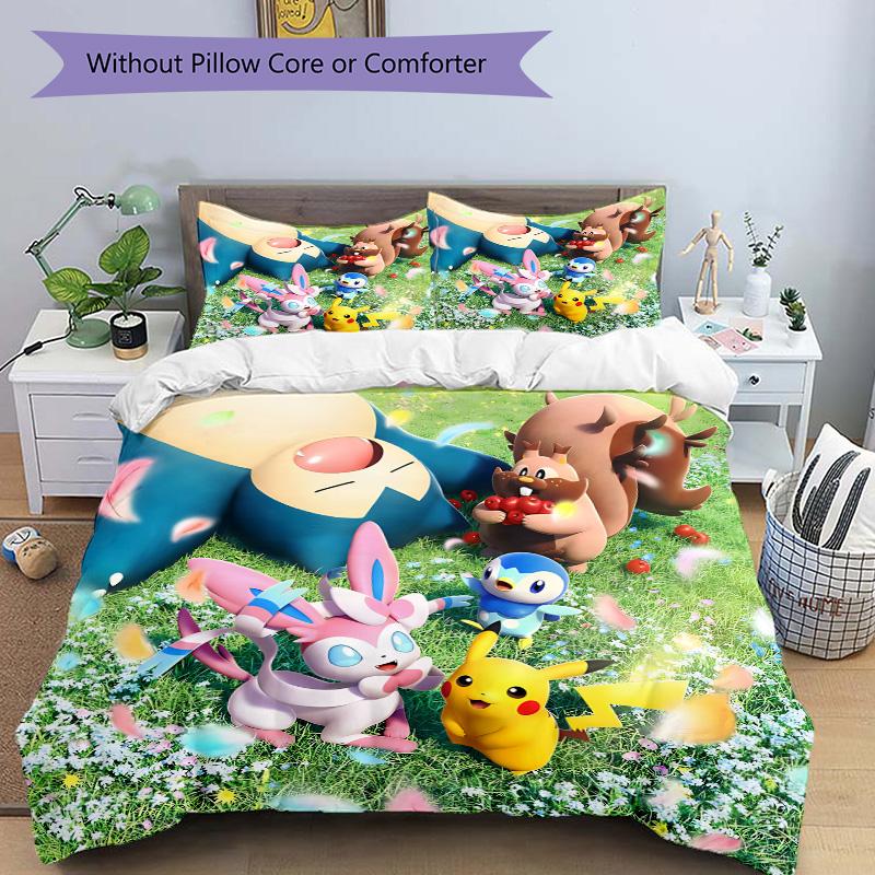 Meadow Pokmon Friends Print 3Pcs Bedding Set,Duvet Cover with 2 Bedro,Pillowcase Home Birthday Gift