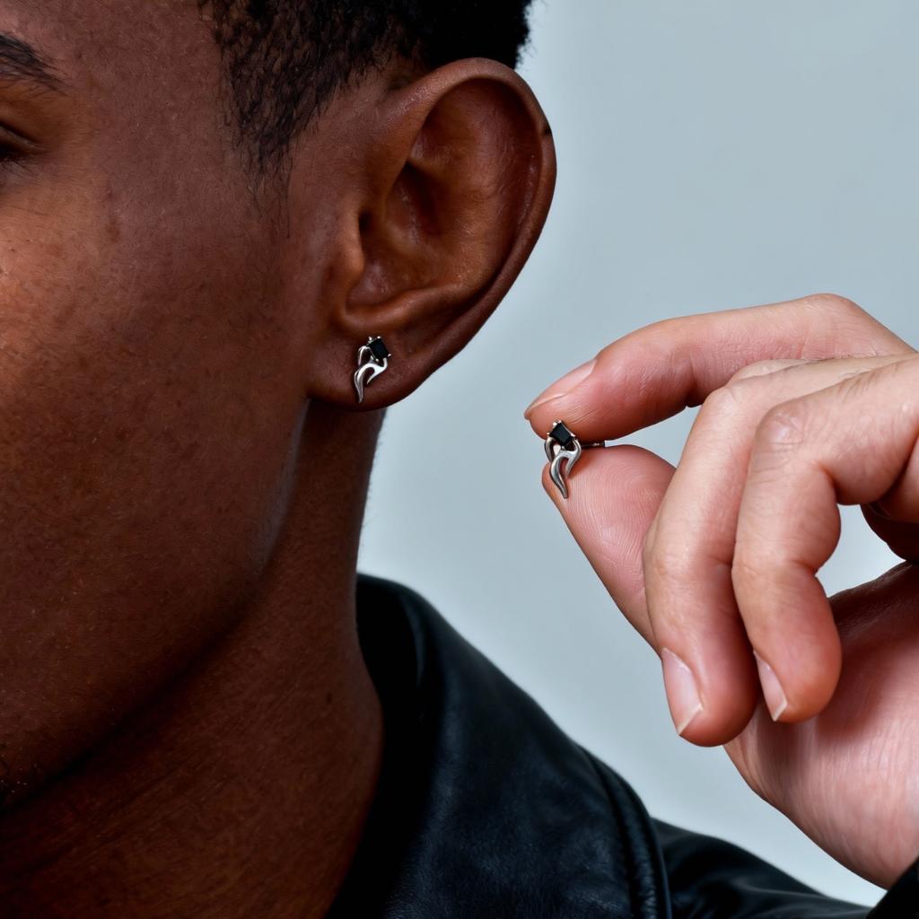 Vintage Flame Stud Earrings for Men, Trendy Black Cubic Zirconia Hypoallergenic Stainless Steel Earrings, Punk Hip Hop Jewelry