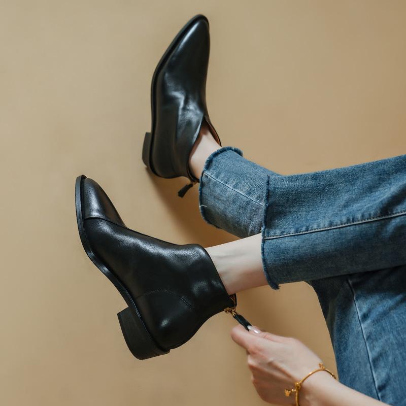 2024 New Autumn Women Boots Pointed Toe Chunky Heel Boots Genuine Leather Shoes for Women Concise Ankle Boots Black Women Shoes