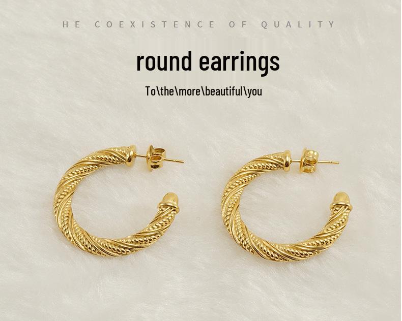 18K Gold-Toned Titanium Steel Round Hoop Earrings - Women's European & American Geometric Design