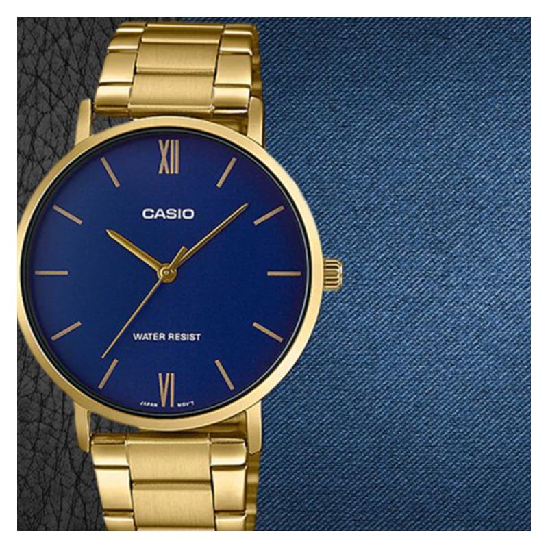 Casio STANDARD Series Simple Fashion Trend Business Casual Classic Pointer Roman Scale Blue Large Dial Waterproof Quartz Movement MTP-VT01G-2B